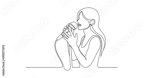 Singer Performing Live with Microphone in Continuous Line Art Style