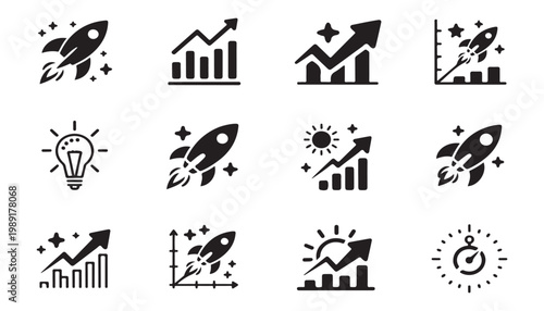 Collection of icons depicting growth, innovation, and achievement with rockets and charts