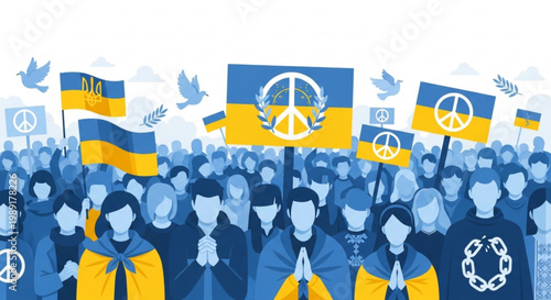 Crowd holding Ukrainian flags and peace signs supporting Ukraines freedom and peace vector illustration for protest and solidarity