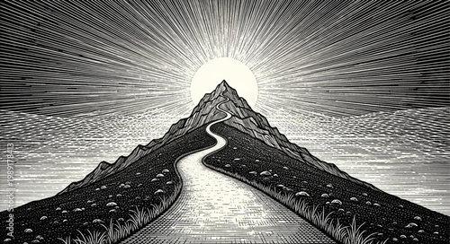 Surreal Mountain Peak with Winding Path and Bright Light.