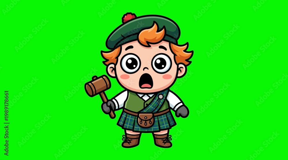 Fototapeta premium Cartoon Scottish Boy with Hammer and Surprised Expression.