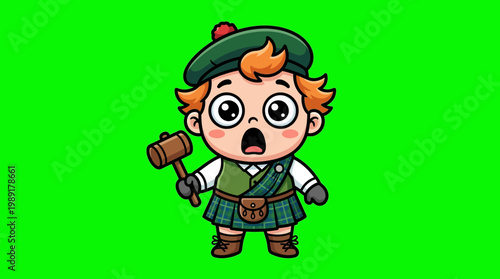 Cartoon Scottish Boy with Hammer and Surprised Expression.
