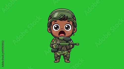 Cartoon Soldier with a Rifle and Helmet in a Green Background.