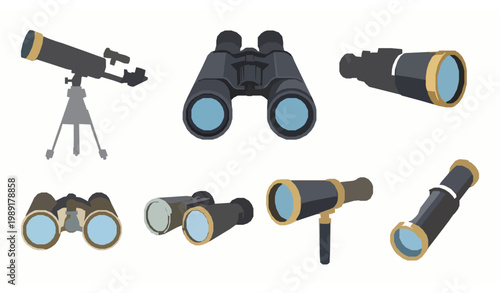 Optical instruments vector set with telescope binoculars spyglass and opera glasses for astronomy and observation equipment illustration