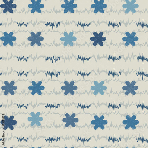 Light blue flowers and sound waves on cream background in repeating pattern design.