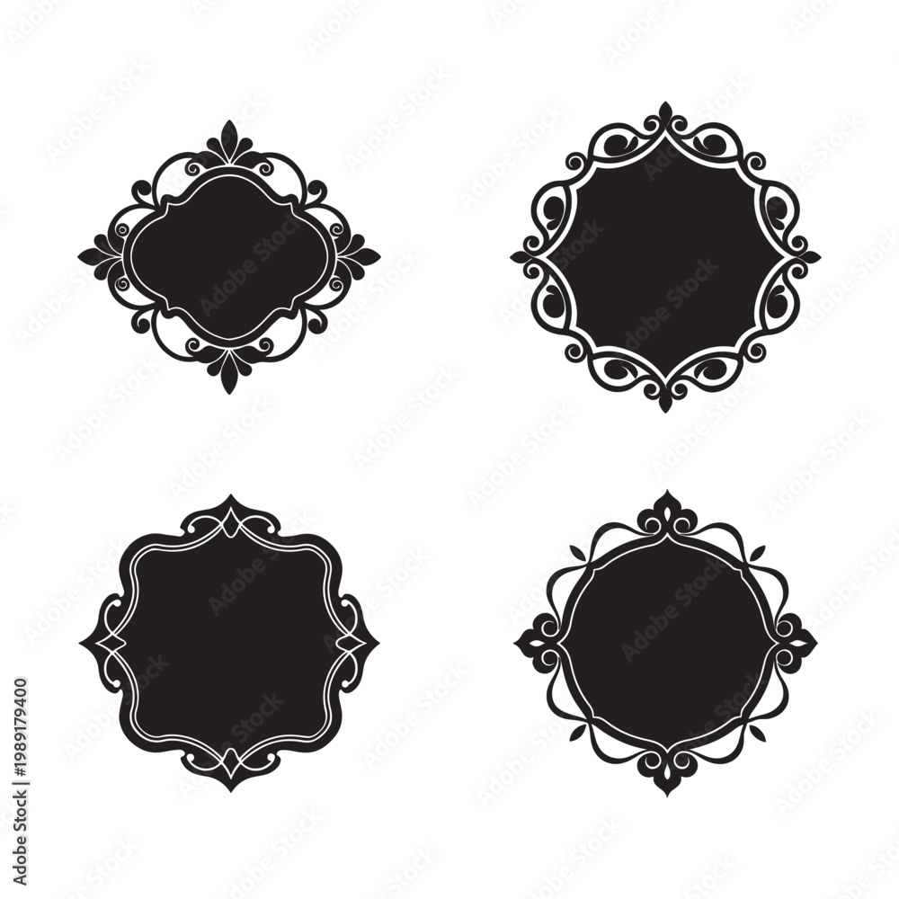 Obraz premium Set of four black and white ornate frames with floral designs and swirling patterns for decorative use elegant empty labels for text or images