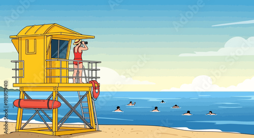 Lifeguard watching over swimmers at sunny beach