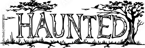 SVG gothic masks and typography lettering tattoo design vector. Eerie Haunted Word Art with Trees and Spooky Atmosphere