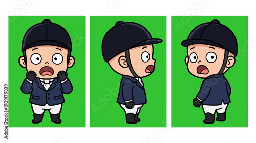 Cartoon Equestrian Rider in Various Poses with Shocked Expression.
