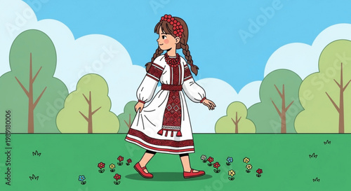 Young girl in traditional Ukrainian embroidered dress walking in a field of flowers illustration for cultural heritage and childhood themes