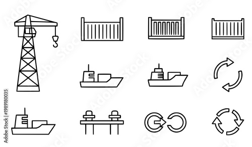 Minimal shipping harbour icon vector set