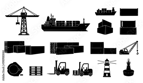 Harbour logistics silhouette icon collection vector