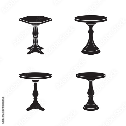 Set of four different black table silhouettes with various pedestal bases and table tops isolated on white background
