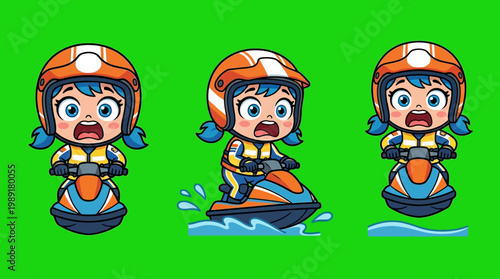 Cartoon Girl Riding a Jet Ski with Helmet and Life Vest.
