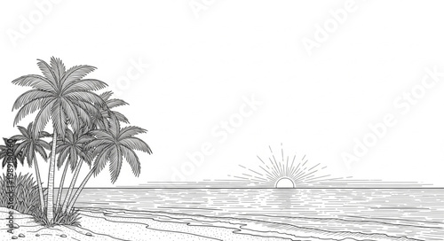 Tropical island beach with palm trees and ocean waves at sunrise.
