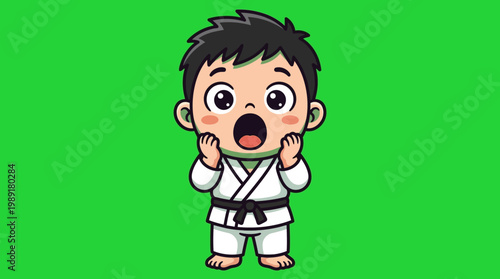 Cartoon Karate Kid with Shocked Expression and Open Mouth.
