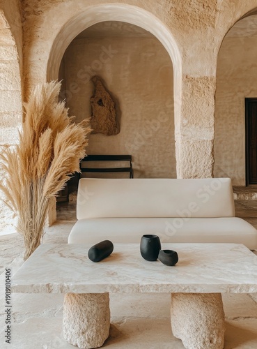 Beige And Cream Minimalist Interior Design With Stone Archway