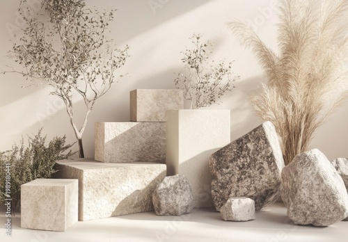 Beige And Cream Stone Product Display With Plants And Sunlight
