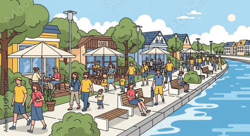 People enjoying a sunny day at a canal-side promenade with cafes and houses illustration for lifestyle and travel concepts