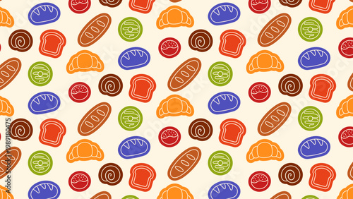 Colorful bakery seamless pattern with flat icons of bread, croissant and donuts on cream background for packaging