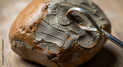 A close-up of a potato being carved with a knife