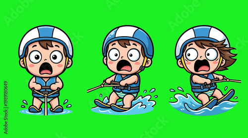 Cartoon Kids Experiencing Water Skiing Fun and Excitement.