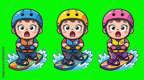 Cartoon Kids Enjoying Water Sports on Colorful Surfboards.