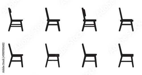 Eight black chair side view icons for furniture design isolated on white background simple and modern.