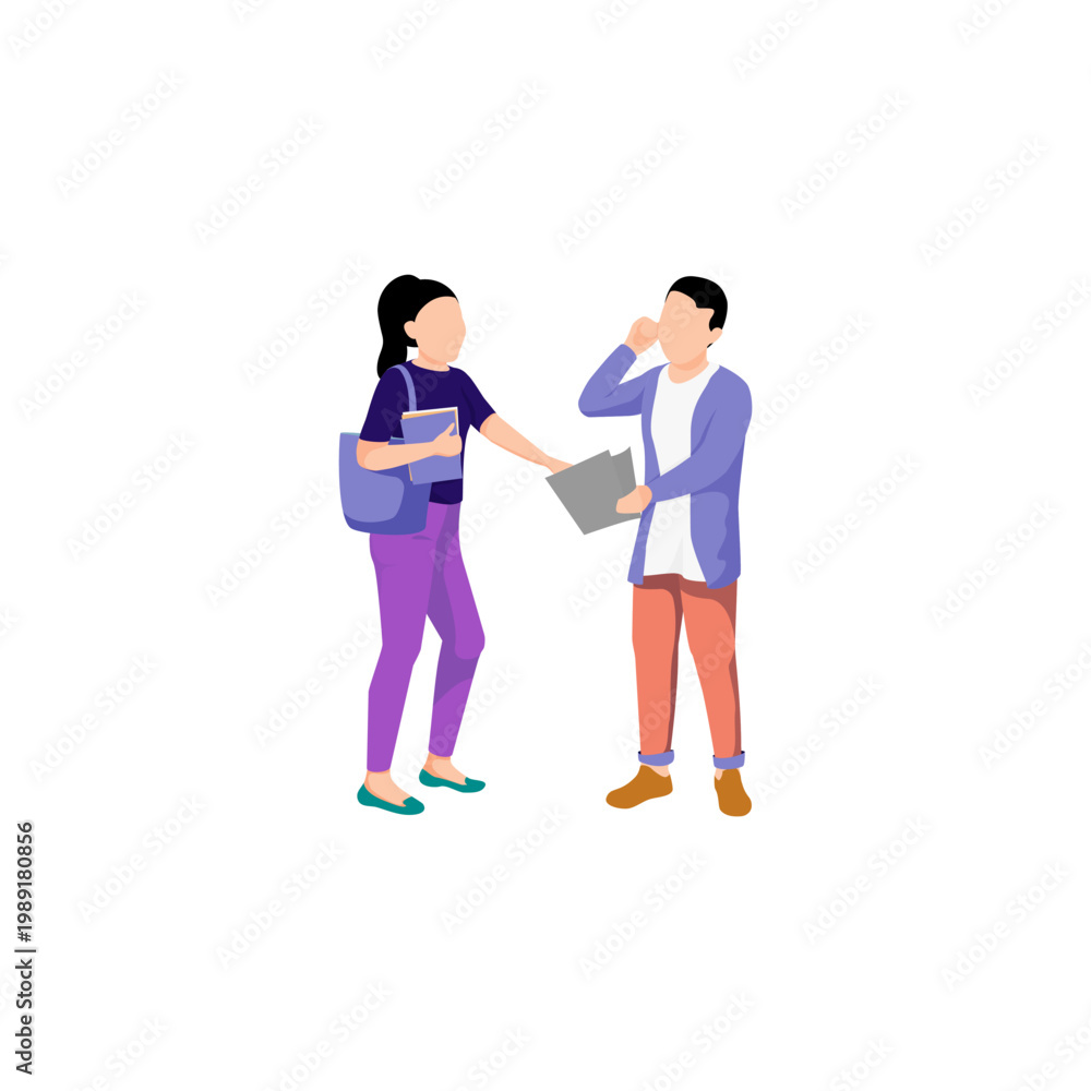 Obraz premium Colleagues or students standing together, discussing documents and sharing information, representing teamwork, education, collaboration, and professional or academic peer interaction.