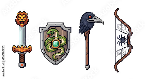 Fantasy RPG Pixel Art Weapons Set with Lion Sword Snake Shield Raven Staff and Spider Bow