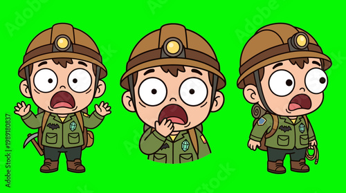 Cartoon Miner Characters Expressing Shock and Surprise on Green Background.