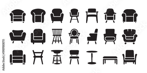 Collection of various chair icons furniture and seating types isolated on white background vector illustration.