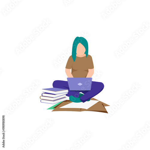 Young woman with blue hair sitting on floor studying with laptop, books, and papers, vector illustration for online education.