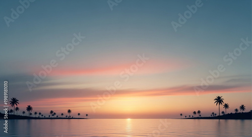Tropical island sunset over calm ocean water with palm trees silhouette.