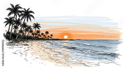 Tropical beach sunset with palm trees and ocean waves.