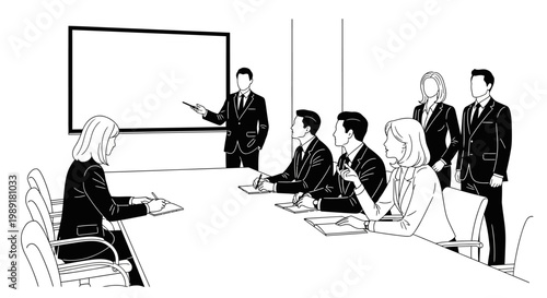 Business meeting presentation with whiteboard and team discussion in office