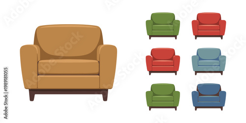 Cozy upholstered armchair in beige and a group of colorful armchairs.