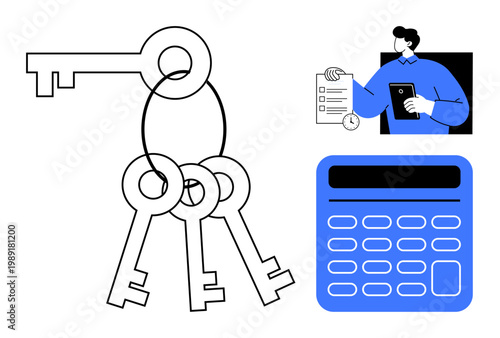Financial planning, business strategy, personal organization, security, key concepts, and time management. Keys and calculator with a person holding a checklist. Financial planning and business