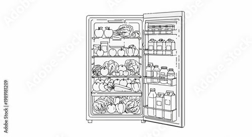 Open refrigerator filled with fresh fruits, vegetables, and drinks