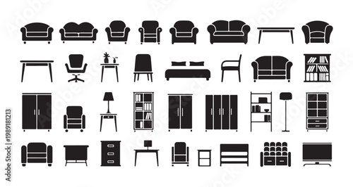 Collection of modern furniture icons including sofas chairs tables and storage for home office and interior design.
