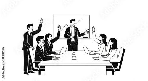 Business meeting with presentation, team raising hands for questions, teamwork concept