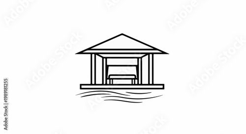 Open shelter with bench by wavy water