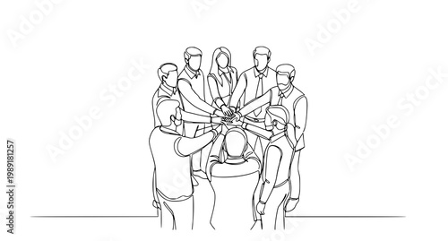 Continuous line teamwork illustration of strong united professionals concept vector isolated on white background