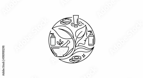 Organic skincare symbols mortar, plants, face, bottles, soap