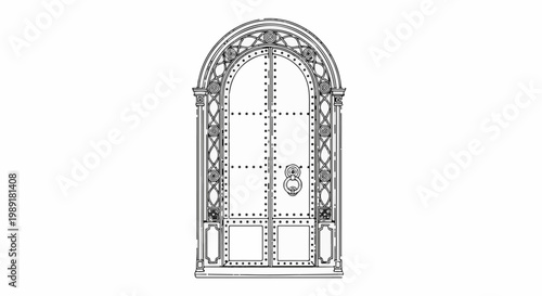 Ornate, arched, double-door with a large, circular knocker