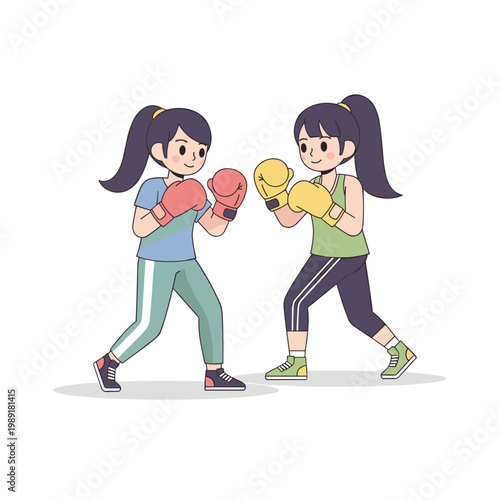 Teenage girls sparring in boxing outfits with colorful gloves  