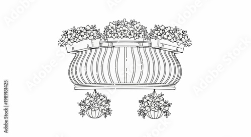 Ornate balcony with hanging floral baskets and potted blooms