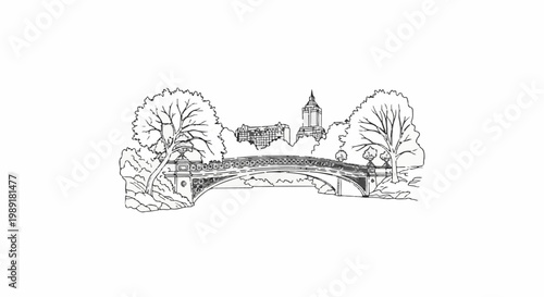 Ornate bridge arches over water with trees and city buildings in background