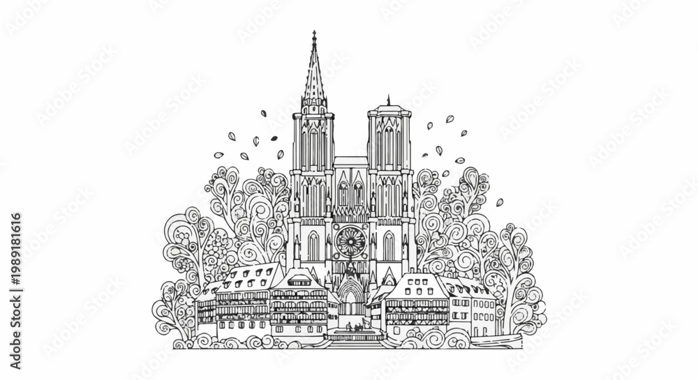 Obraz premium Ornate cathedral facade with surrounding stylized flora and buildings