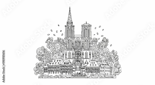 Ornate cathedral facade with surrounding stylized flora and buildings